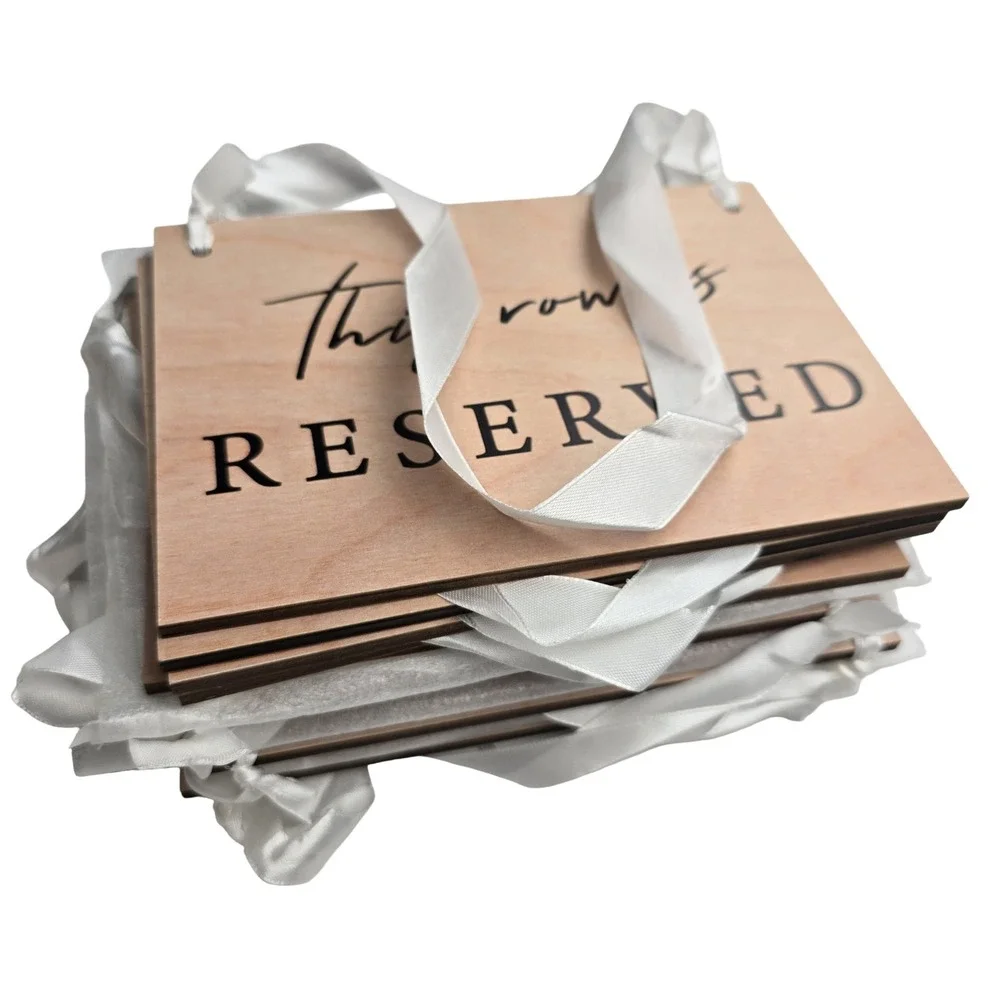 12 Pack Wooden Reserved Row Sign for Wedding Ceremony Natural Wood White Ribbon